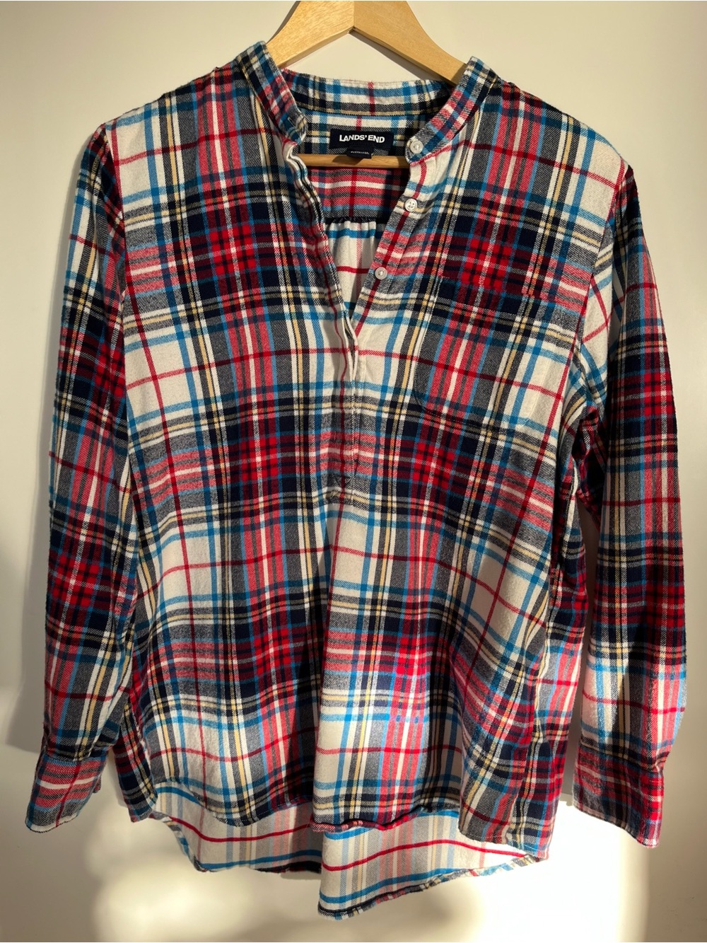 Lands’ End Medium Petite Plaid Henley Partial Button Front Cotton Top